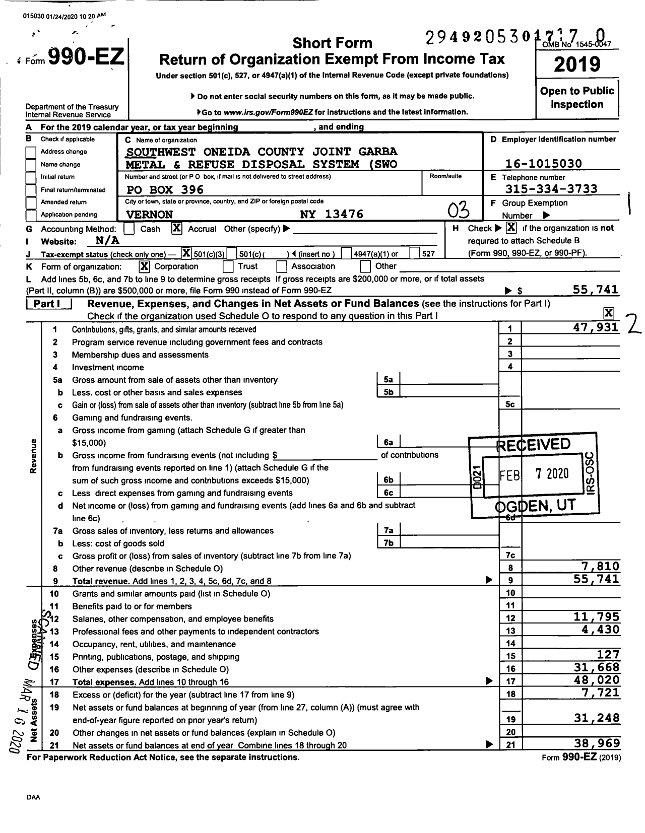 Image of first page of 2019 Form 990EZ for Southwest Oneida County Joint Garba Metal and Refuse Disposal System (Swo)