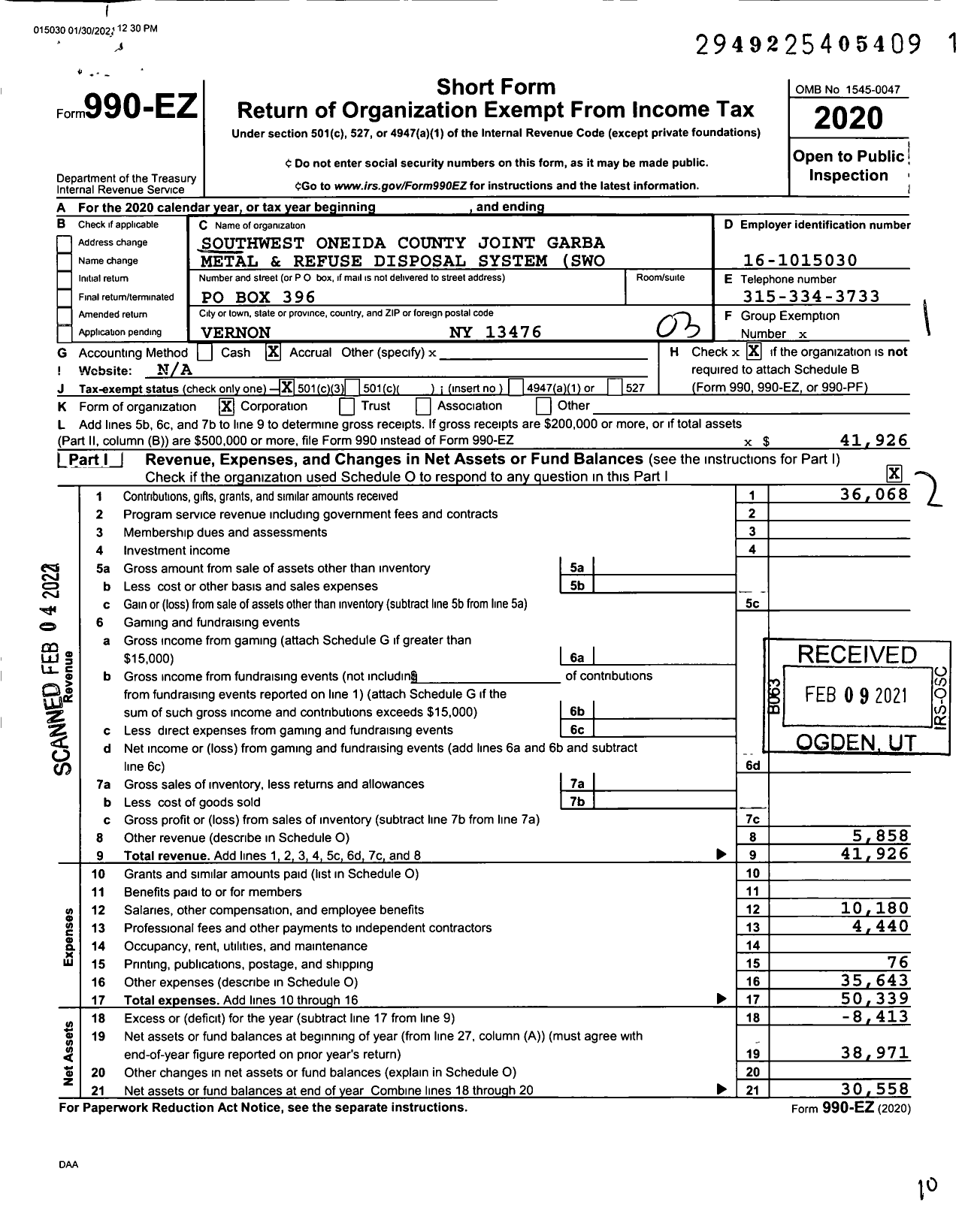 Image of first page of 2020 Form 990EZ for Southwest Oneida County Joint Garba Metal and Refuse Disposal System (Swo)