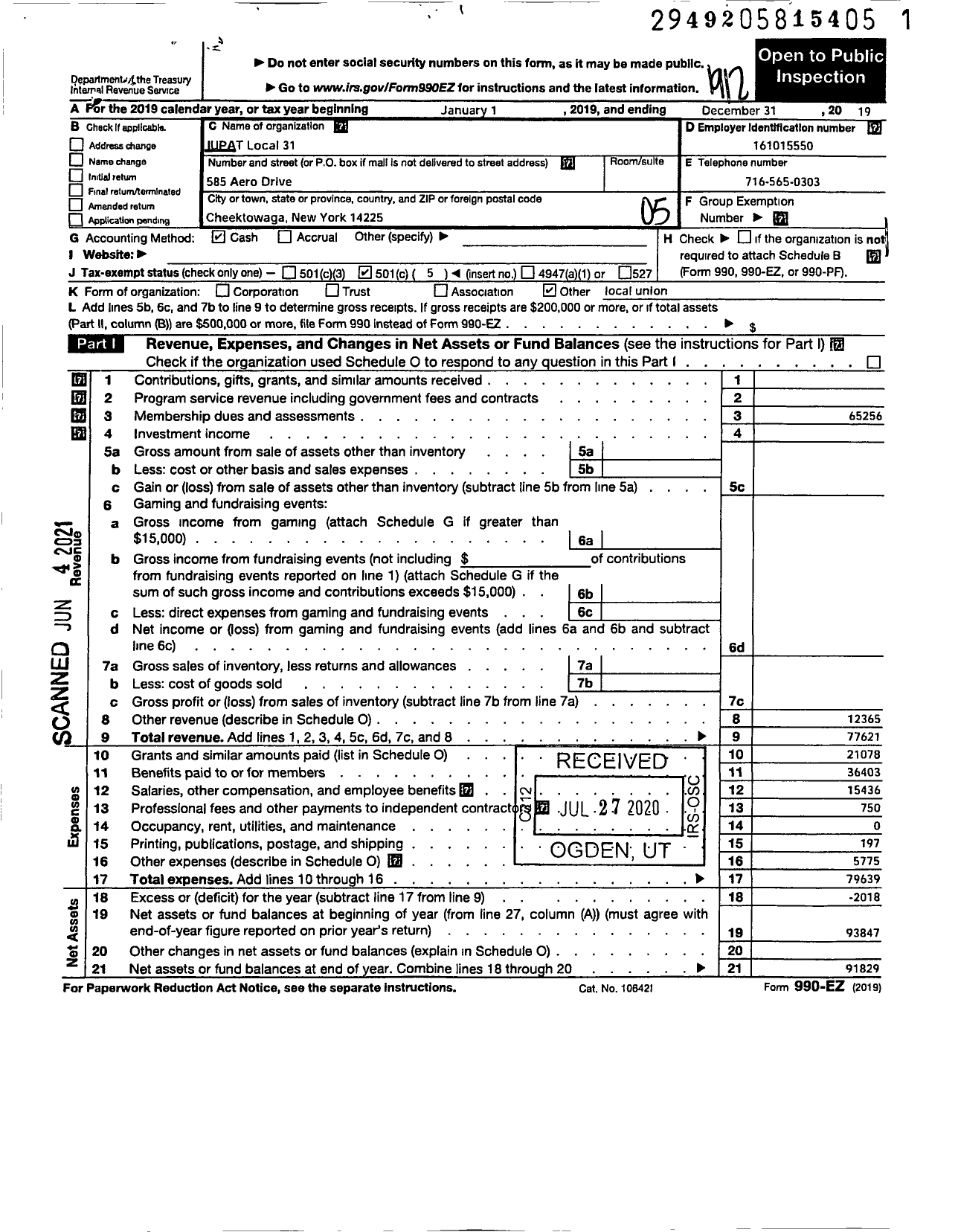 Image of first page of 2019 Form 990EO for International Union of Painters and Allied Trades - 31 Painters Local Union