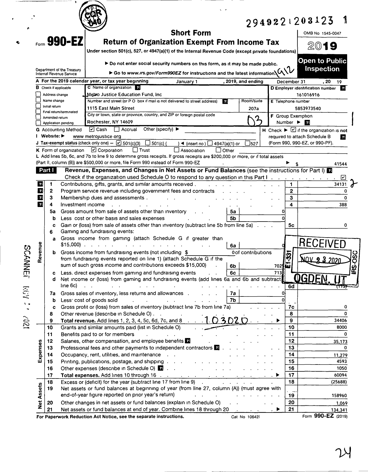 Image of first page of 2019 Form 990EZ for Metro Justice of Rochester