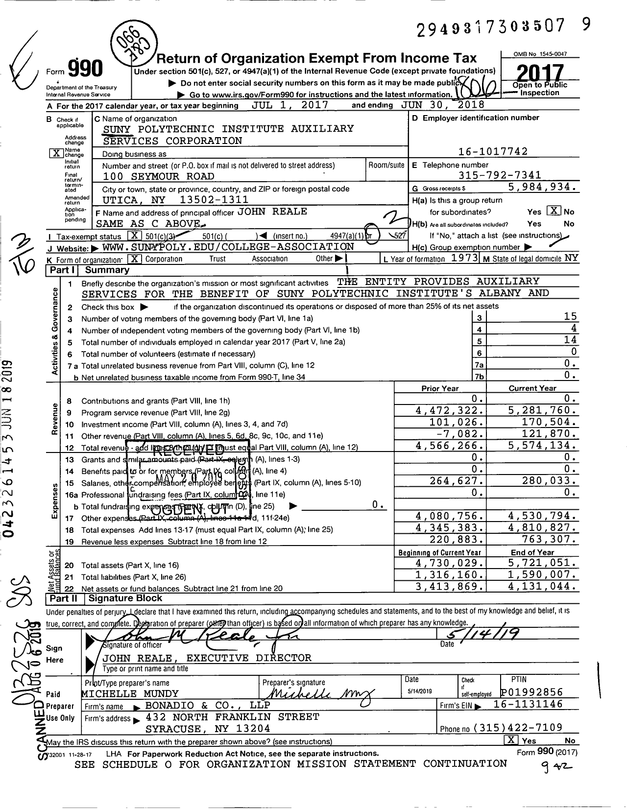 Image of first page of 2017 Form 990 for Suny Polytechnic Institute Auxiliary Services Corporation