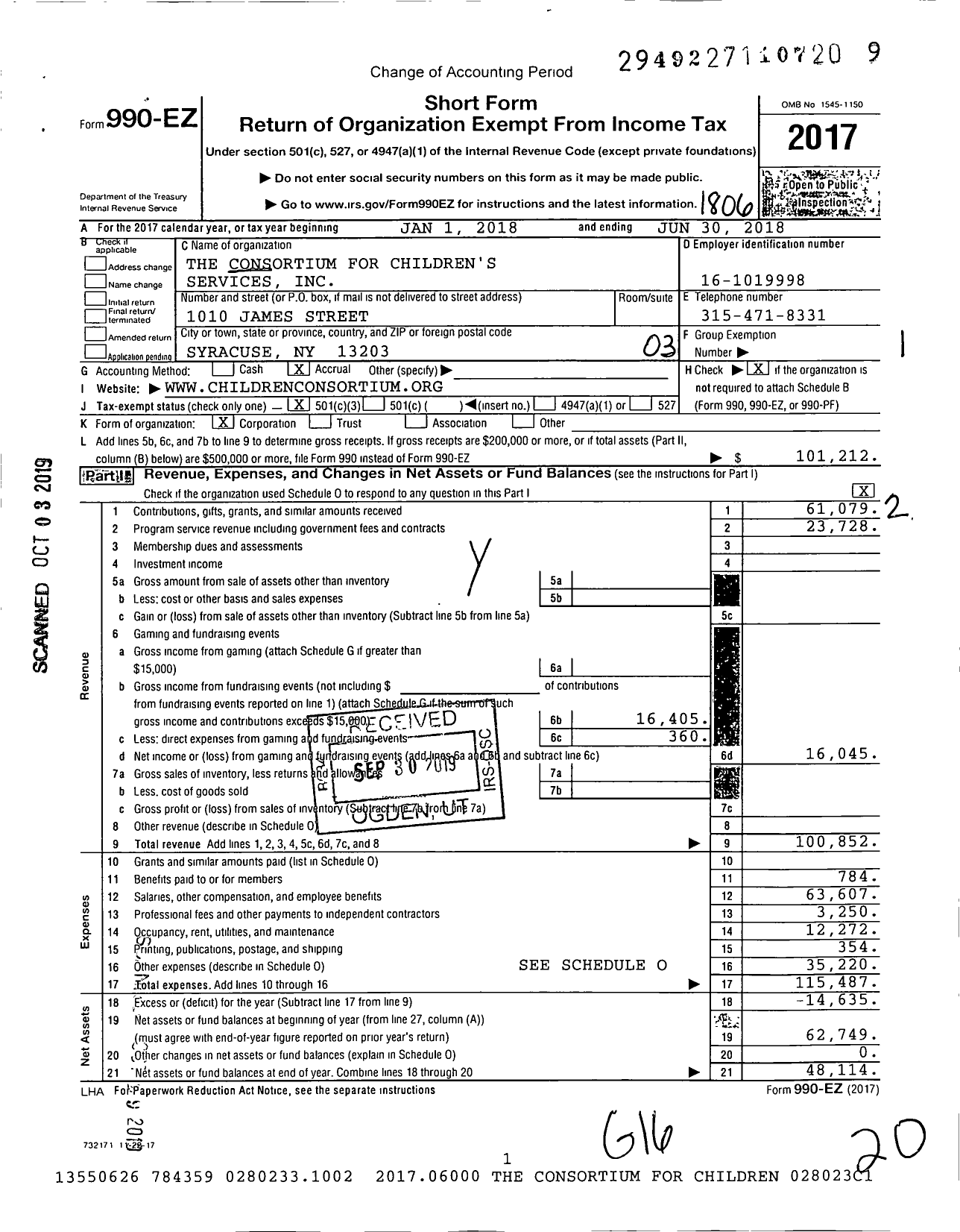 Image of first page of 2017 Form 990EZ for The Consortium for Children's Services