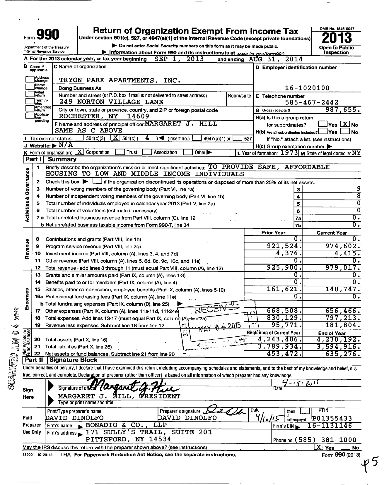 Image of first page of 2013 Form 990O for Tryon Park Apartments