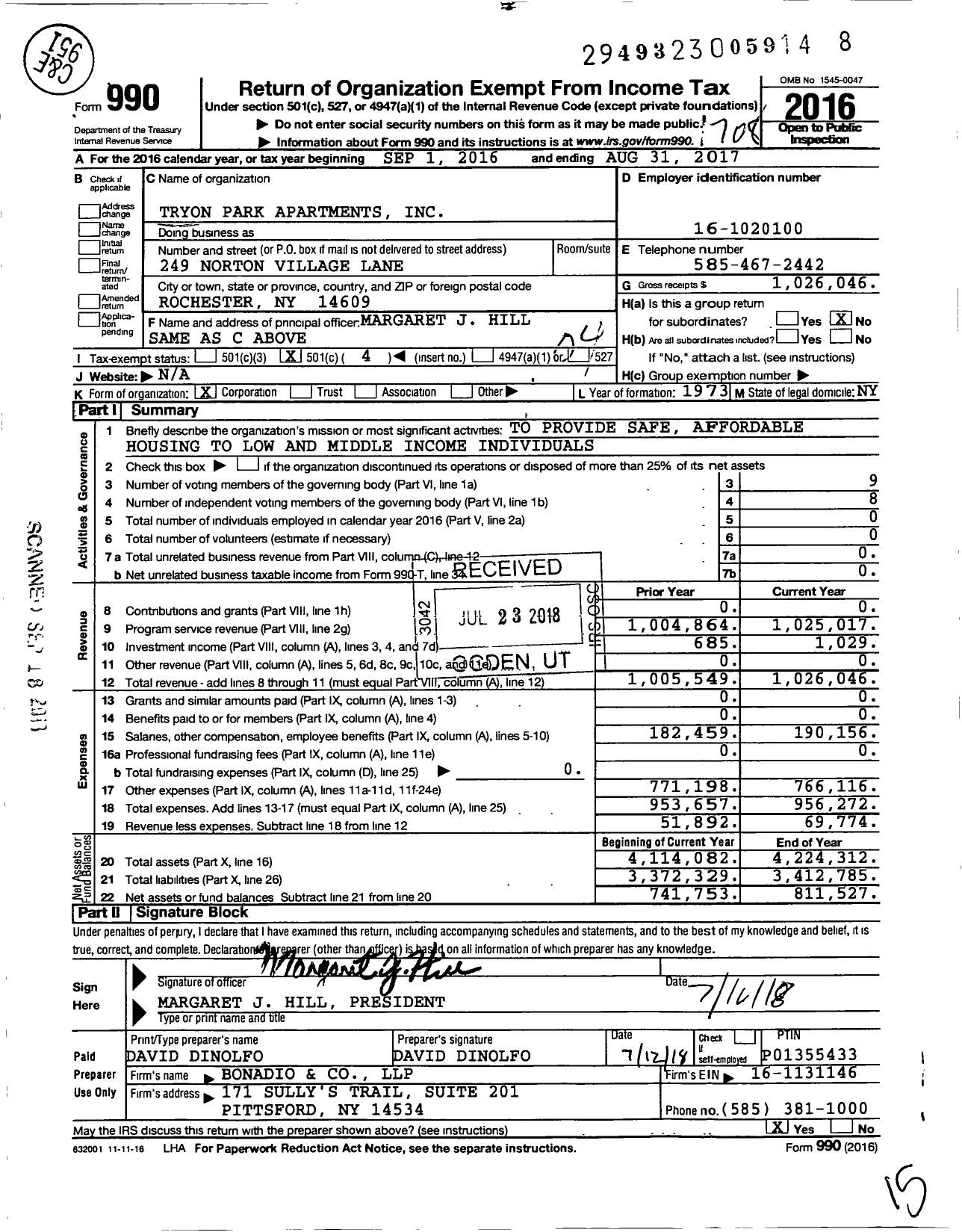 Image of first page of 2016 Form 990O for Tryon Park Apartments