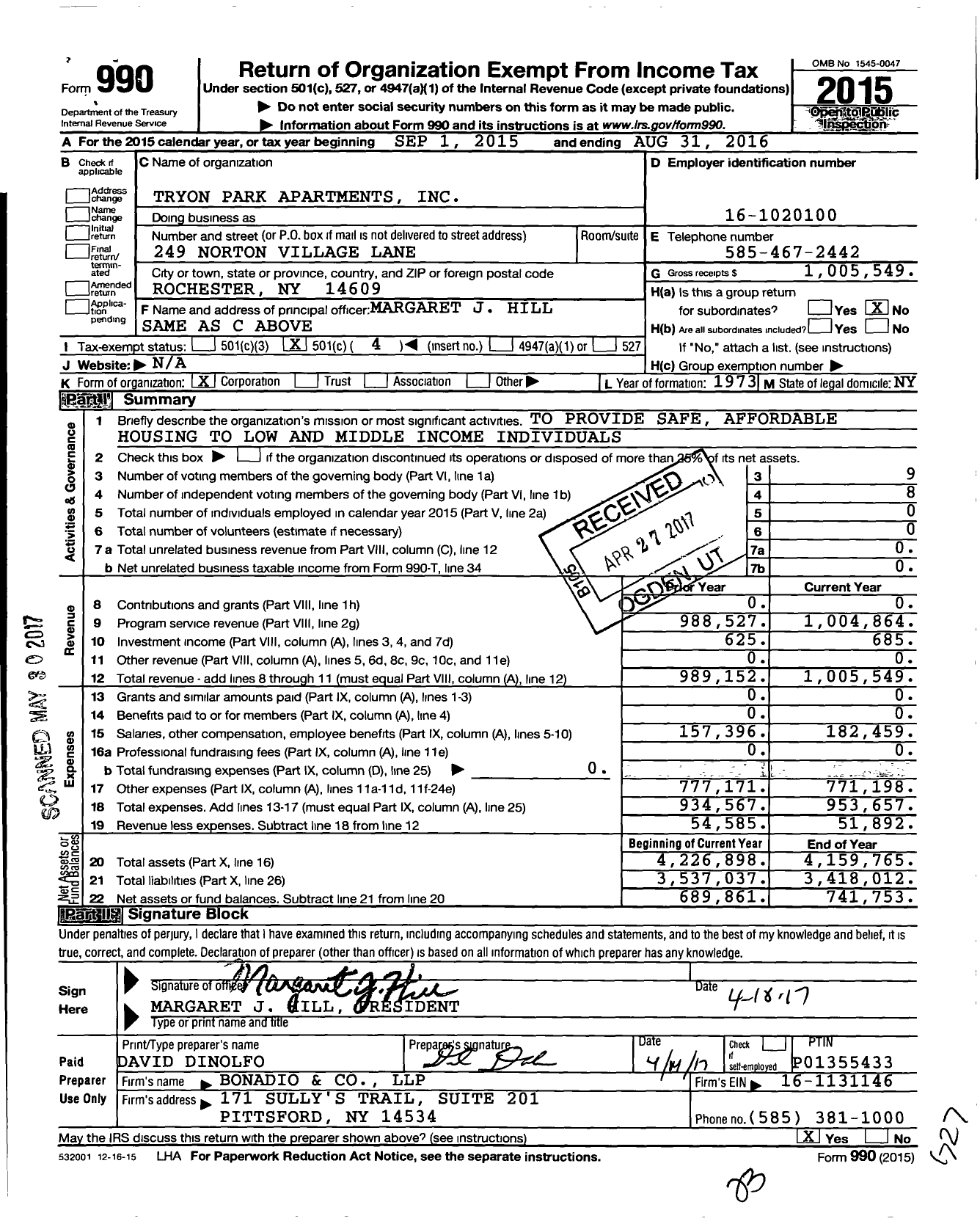 Image of first page of 2015 Form 990O for Tryon Park Apartments