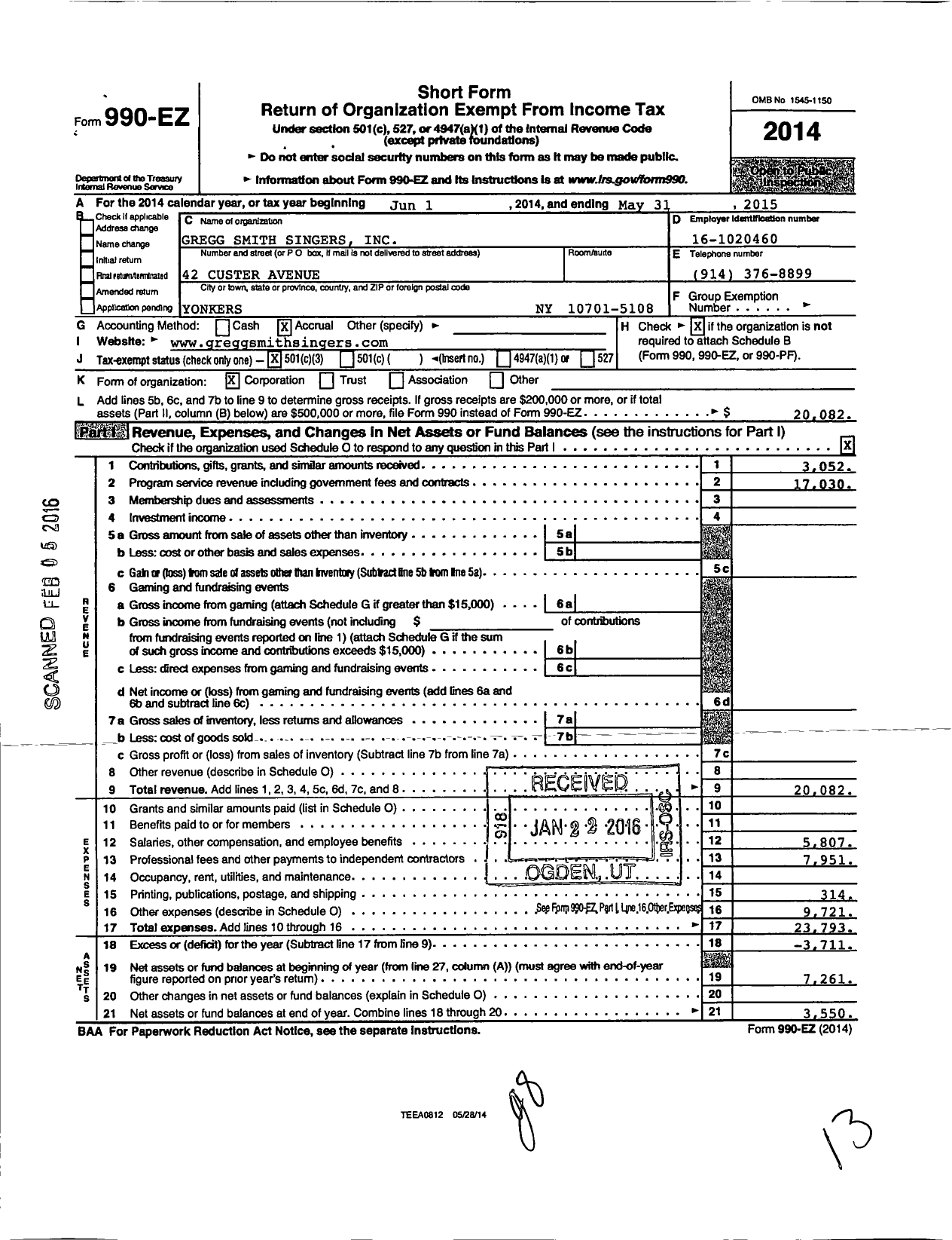 Image of first page of 2014 Form 990EZ for Gregg Smith Singers