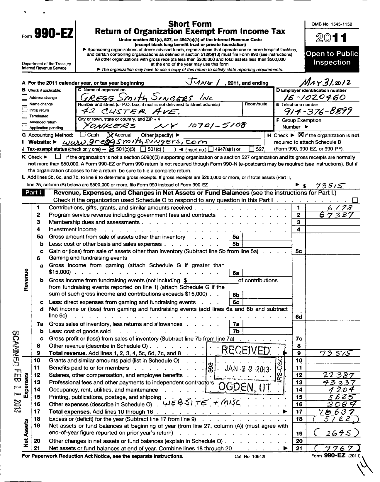 Image of first page of 2011 Form 990EZ for Gregg Smith Singers