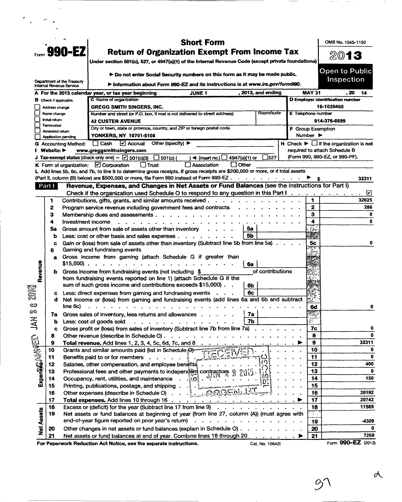 Image of first page of 2013 Form 990EZ for Gregg Smith Singers