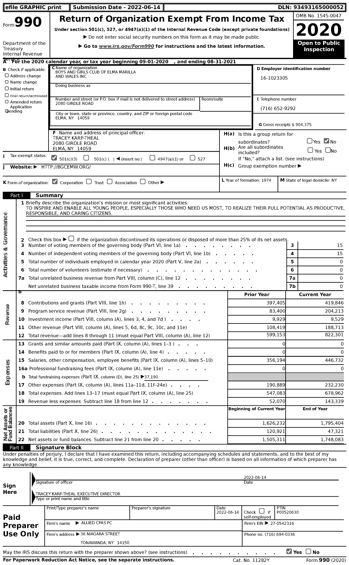 Image of first page of 2020 Form 990 for Boys and Girls Club of Elma Marilla and Wales