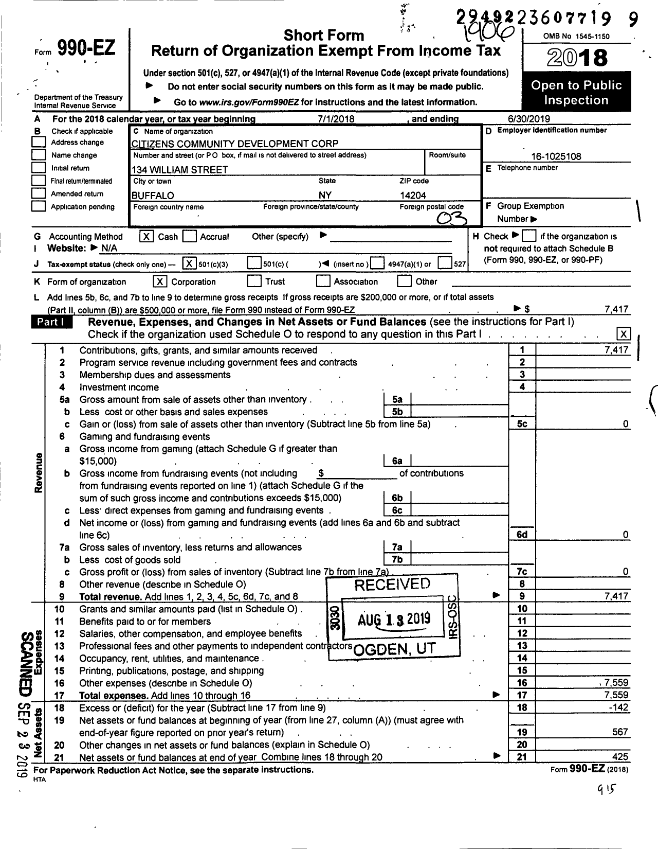 Image of first page of 2018 Form 990EZ for Citizens Community Development Corporation