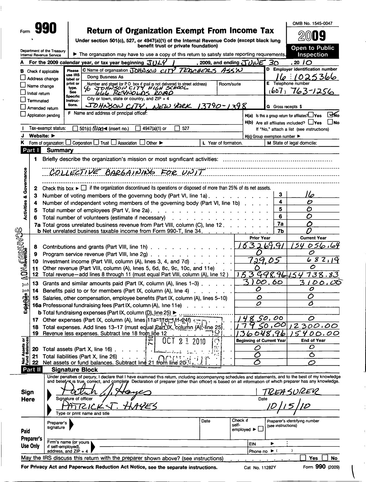 Image of first page of 2009 Form 990O for American Federation of Teachers - 2762 Johnson City Teachers Assn