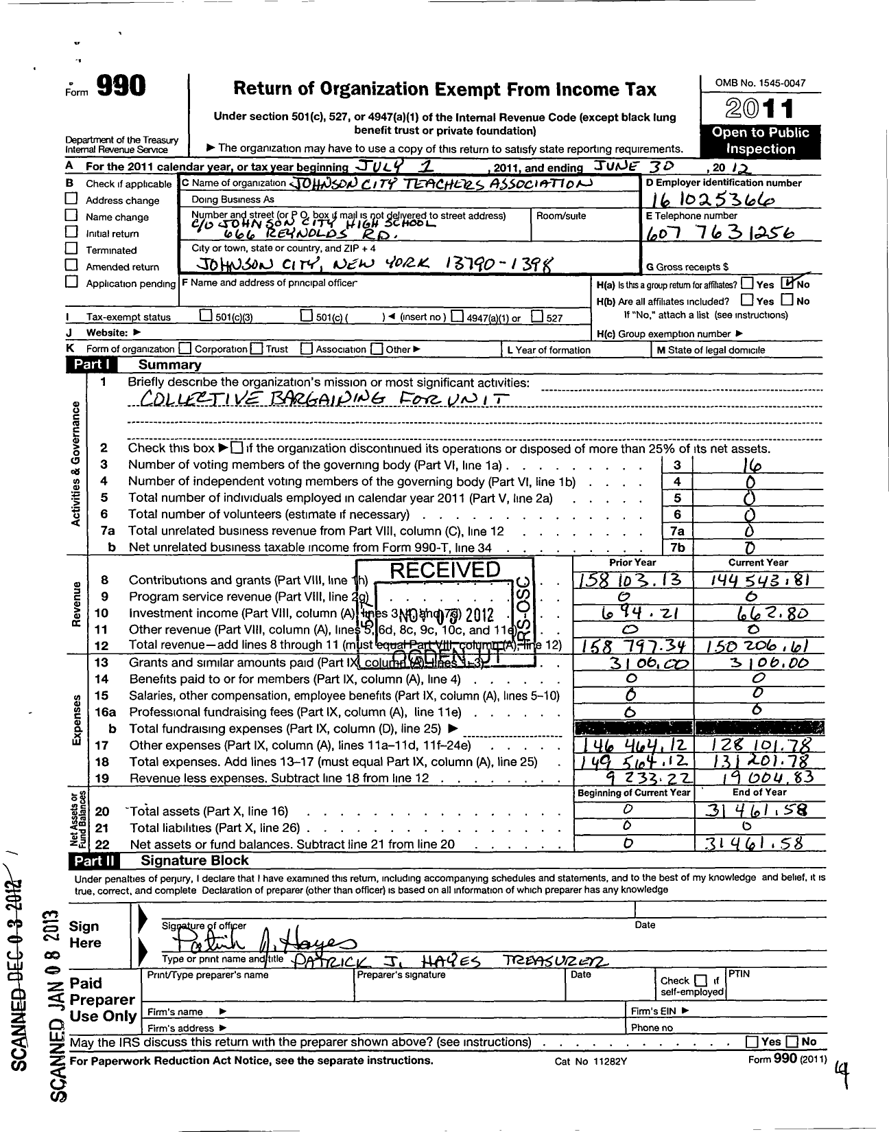 Image of first page of 2011 Form 990O for American Federation of Teachers - 2762 Johnson City Teachers Assn