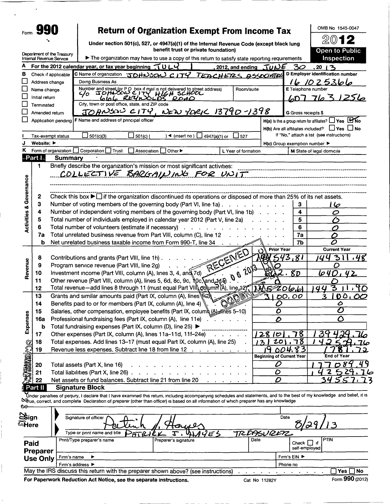 Image of first page of 2012 Form 990O for American Federation of Teachers - 2762 Johnson City Teachers Assn