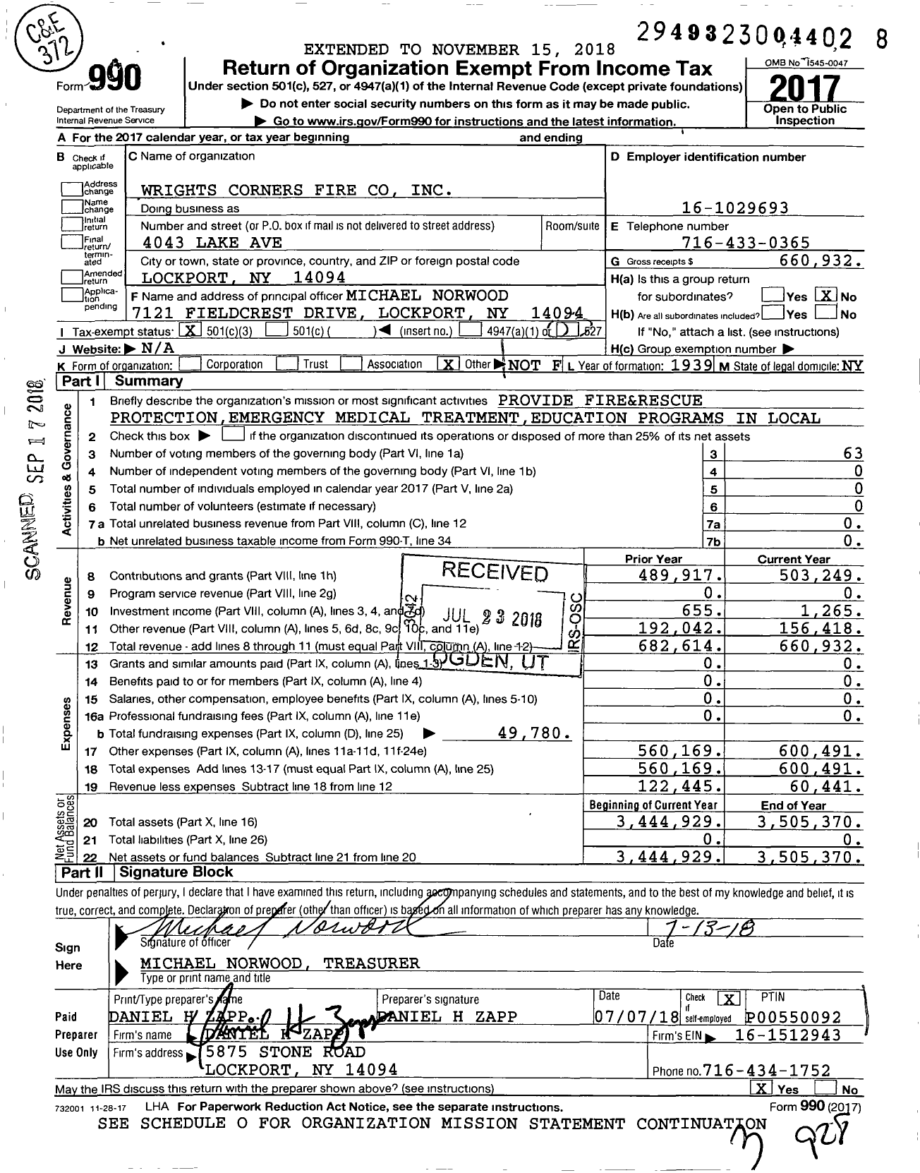 Image of first page of 2017 Form 990 for Wrights Corners Fire Company