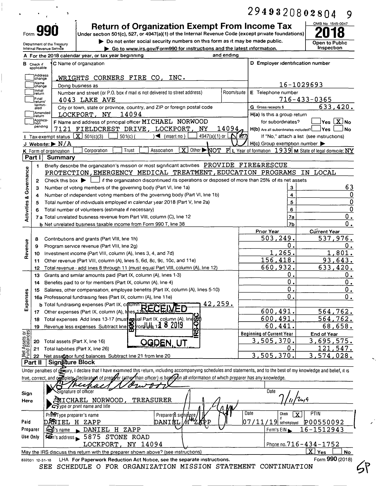 Image of first page of 2018 Form 990 for Wrights Corners Fire Company