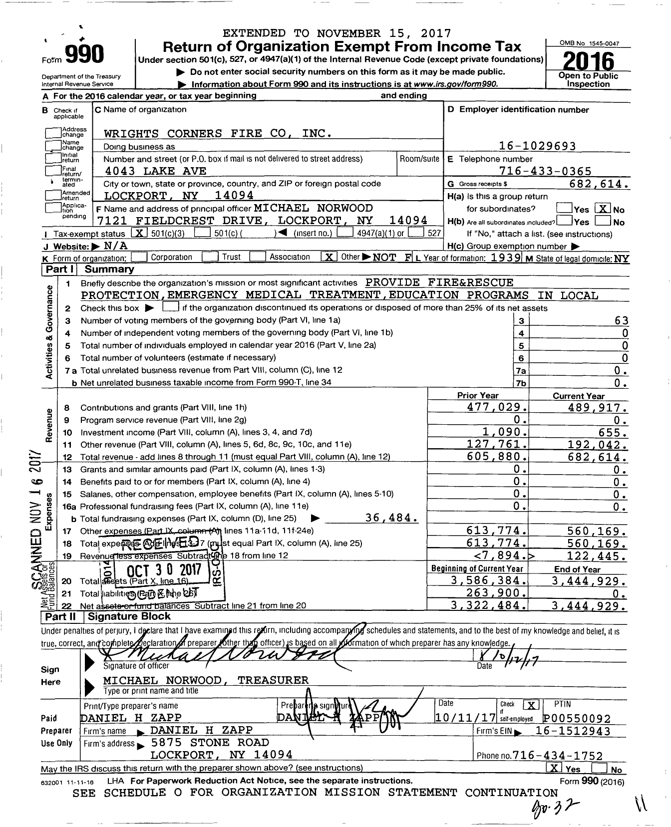 Image of first page of 2016 Form 990 for Wrights Corners Fire Company