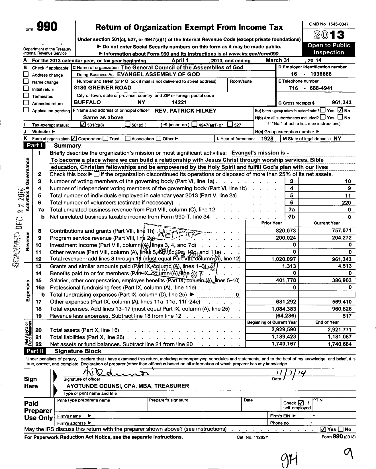 Image of first page of 2013 Form 990 for General Council of the Assemblies of God