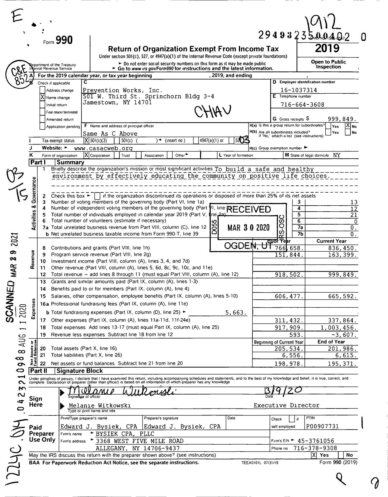 Image of first page of 2019 Form 990 for Prevention Works