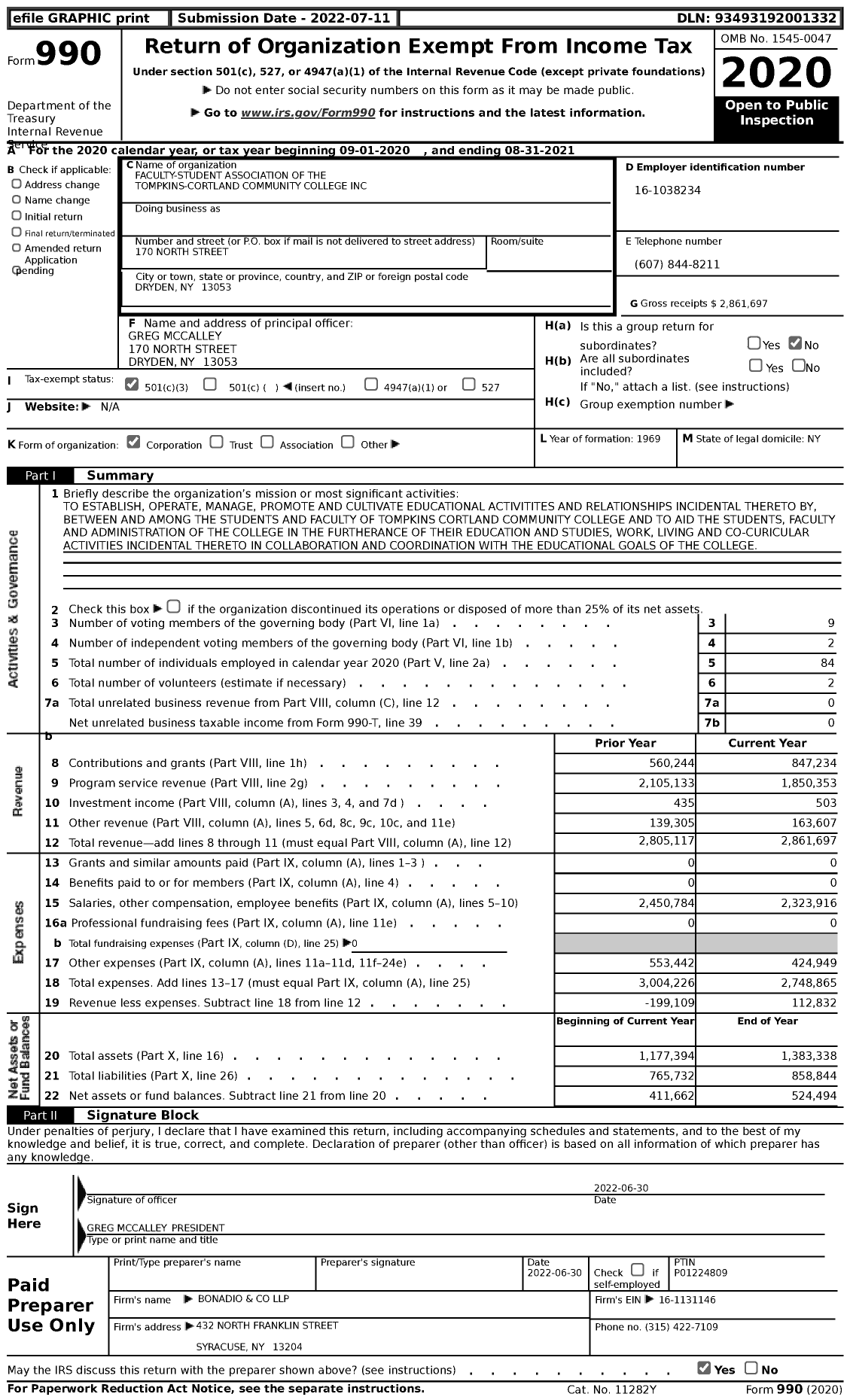 Image of first page of 2020 Form 990 for Faculty-Student Association of the Tompkins-Cortland Community College