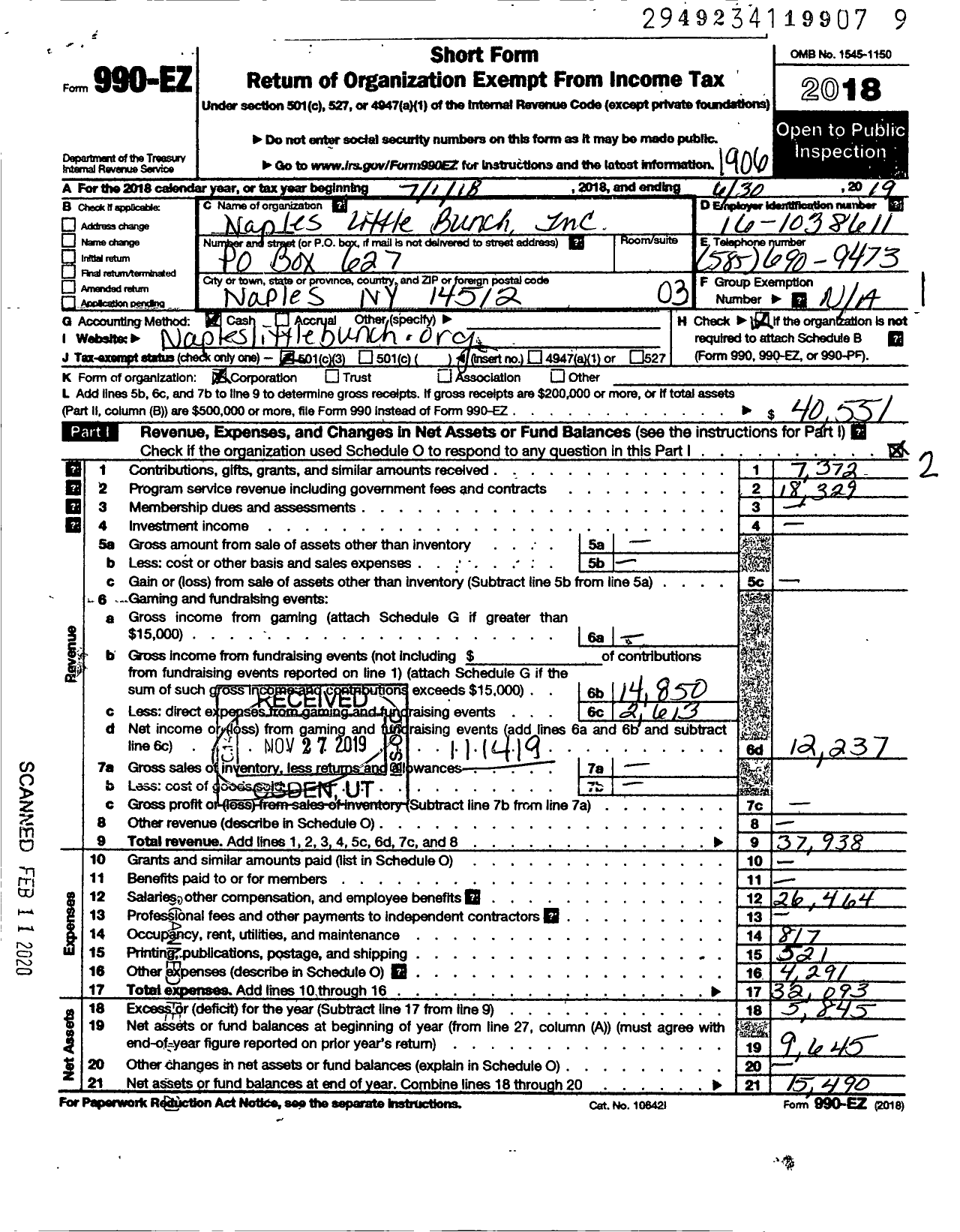 Image of first page of 2018 Form 990EZ for Naples Little Bunch