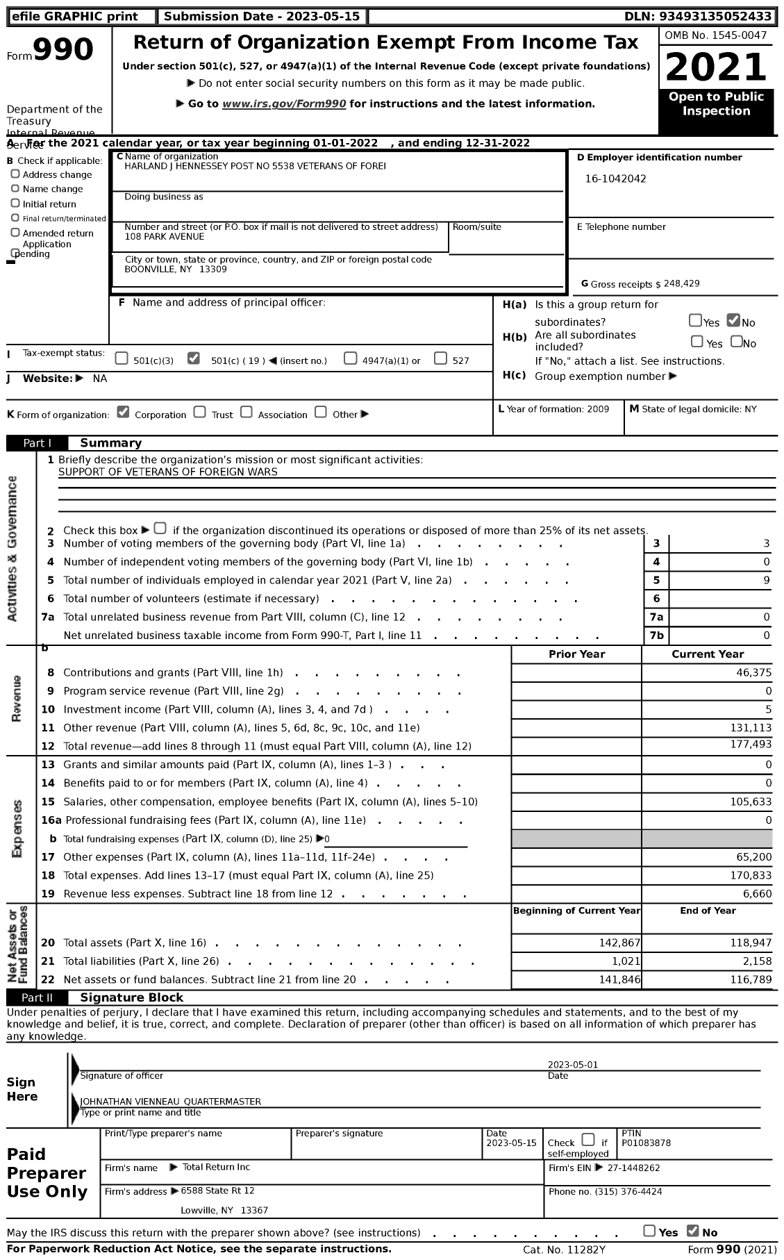 Image of first page of 2022 Form 990 for Department of Ny VFW - 5538 Harland J Hennessey Memorial C