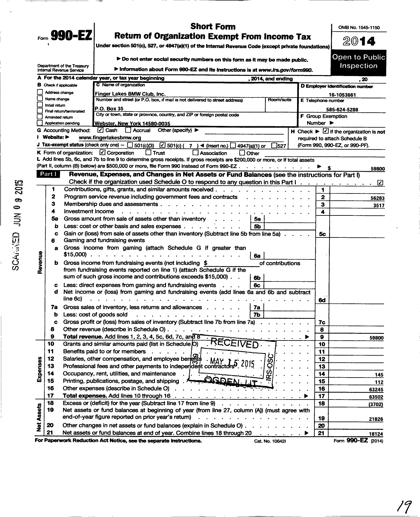 Image of first page of 2014 Form 990EO for Finger Lakes BMW Club