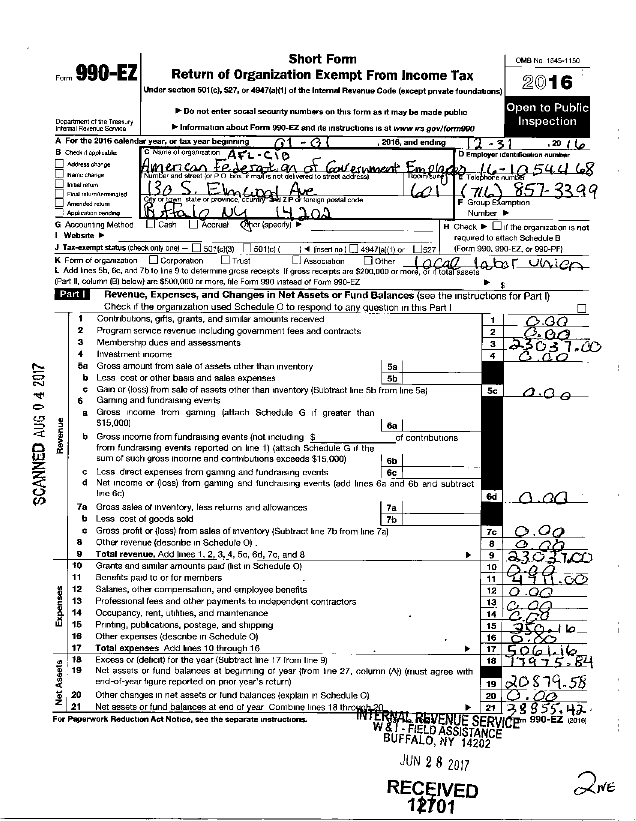 Image of first page of 2016 Form 990EO for AMERICAN FEDERATION OF Government Employees - 3314 Afge Va Local