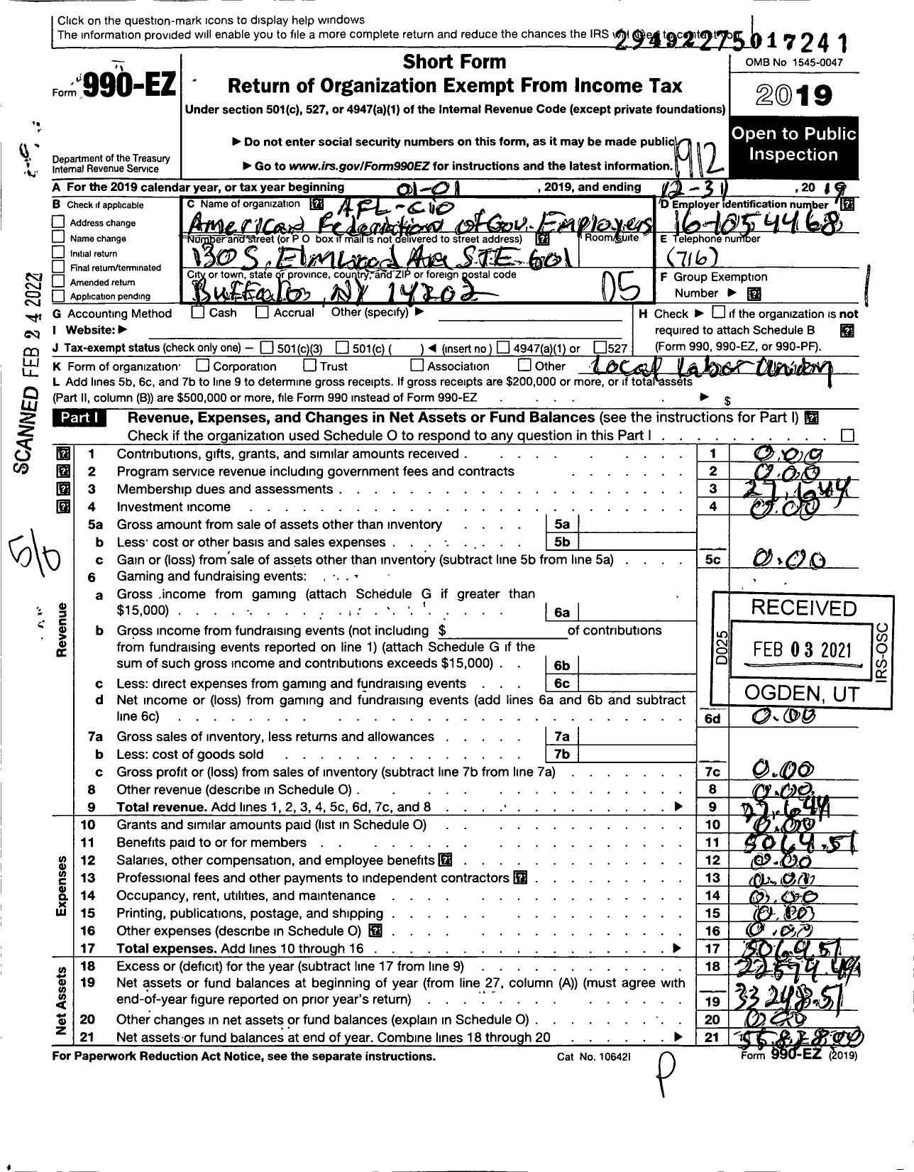 Image of first page of 2019 Form 990EO for AMERICAN FEDERATION OF Government Employees - 3314 Afge Va Local