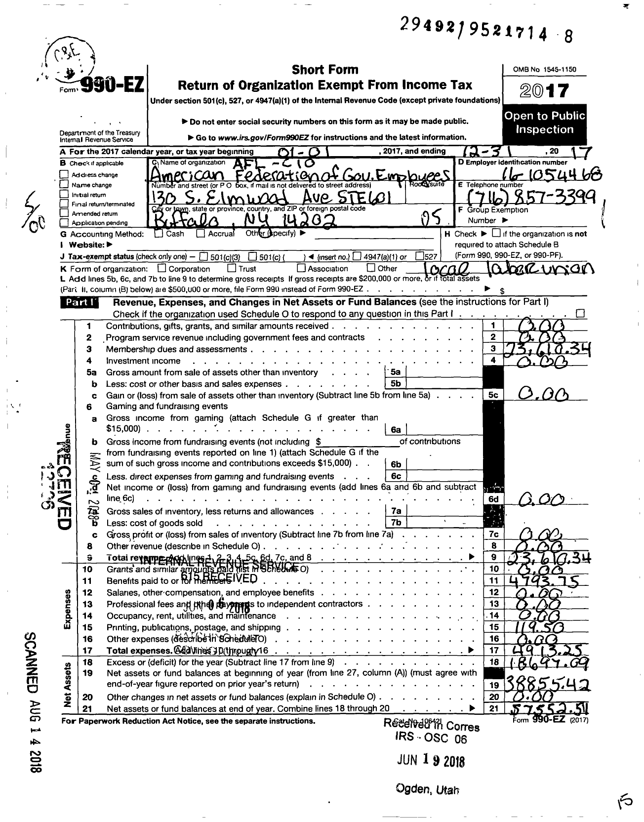 Image of first page of 2017 Form 990EO for AMERICAN FEDERATION OF Government Employees - 3314 Afge Va Local