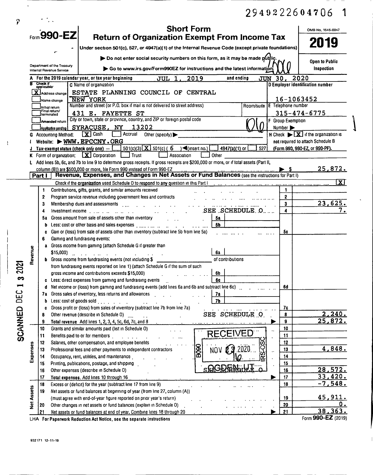 Image of first page of 2019 Form 990EO for Estate Planning Council of Central New York