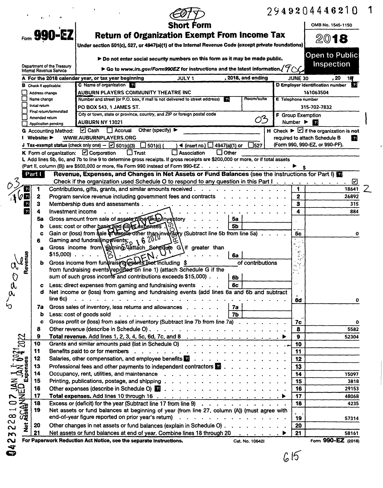 Image of first page of 2018 Form 990EZ for Auburn Players Community Theatre