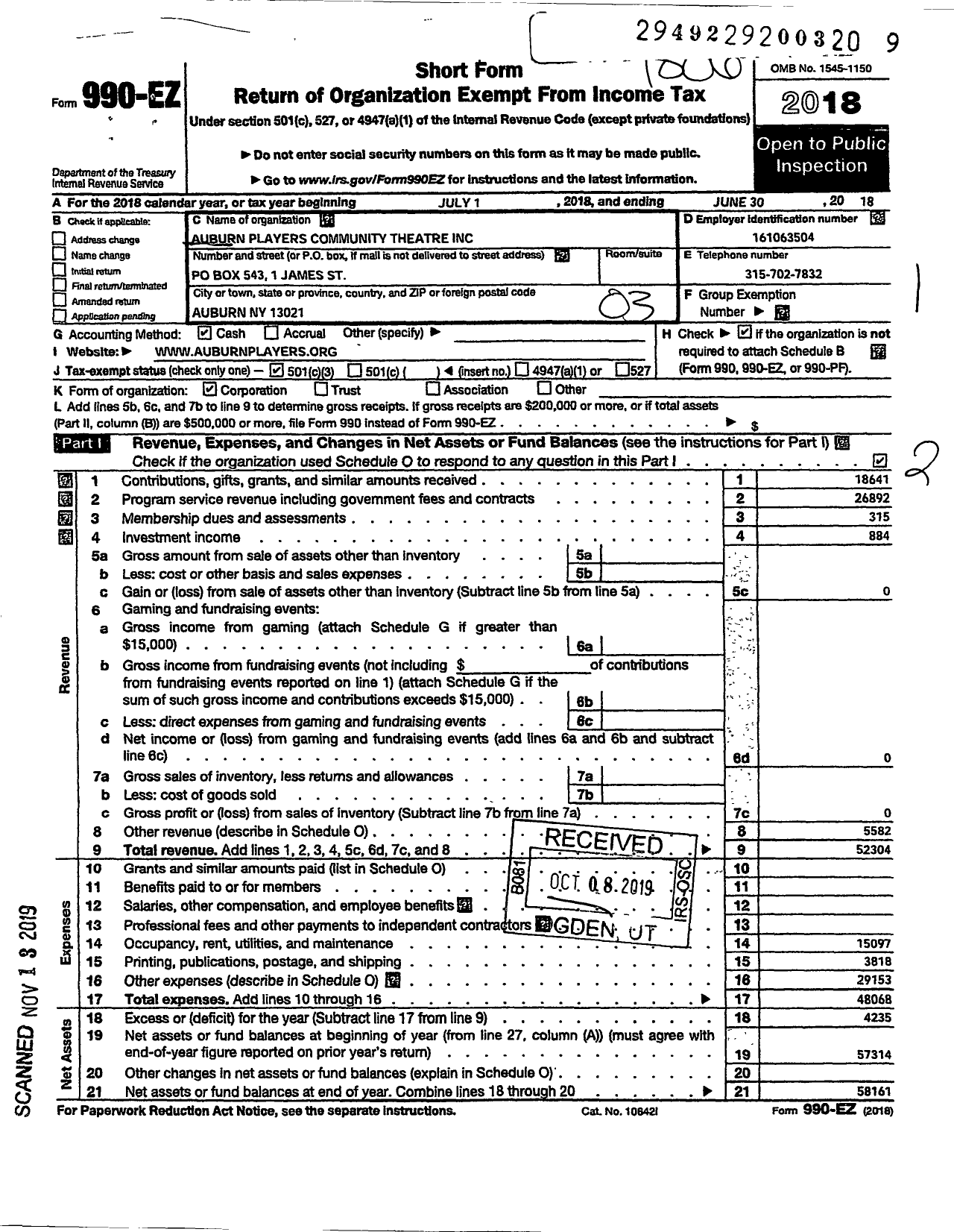 Image of first page of 2017 Form 990EZ for Auburn Players Community Theatre