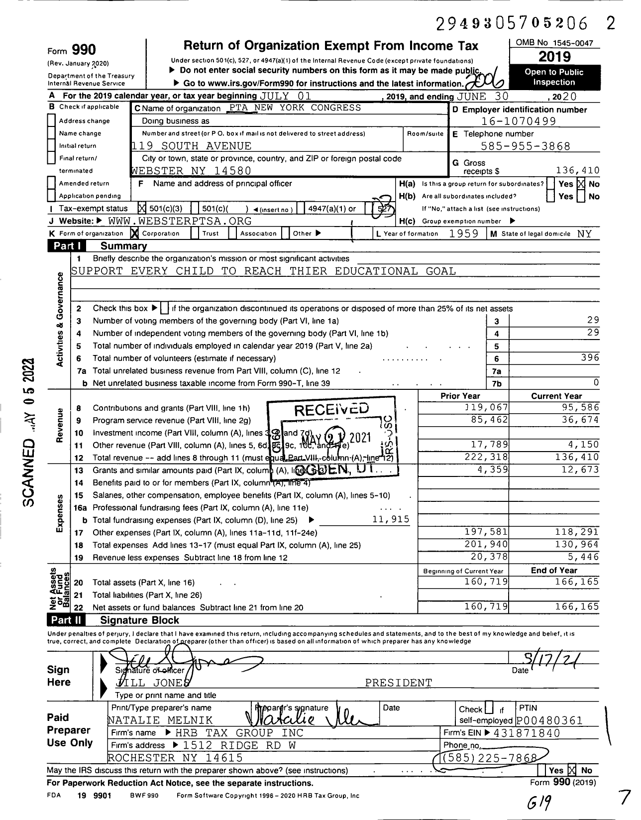 Image of first page of 2019 Form 990 for New York State PTA - 07-127 Webster Central Ptsa