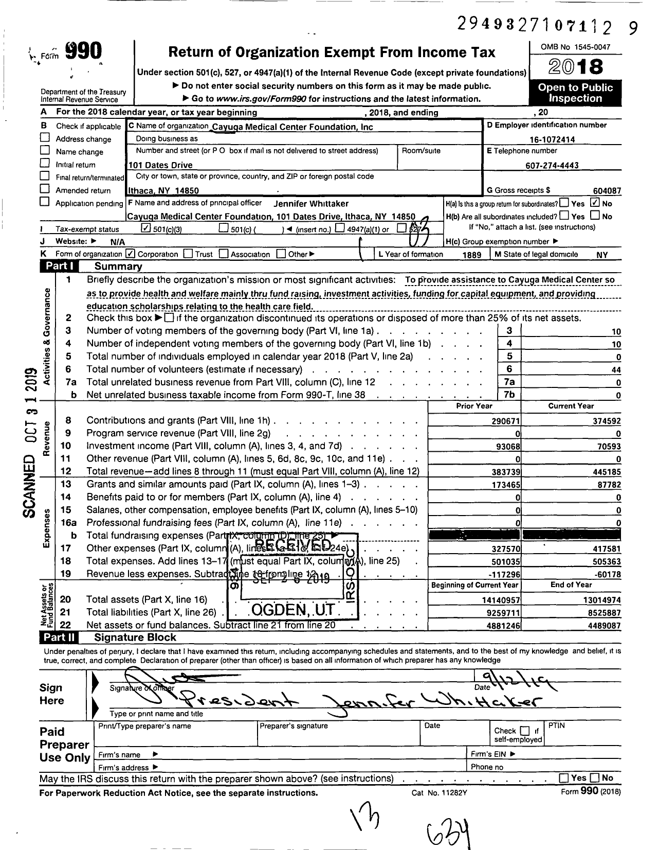 Image of first page of 2018 Form 990 for Cayuga Medical Center Foundation