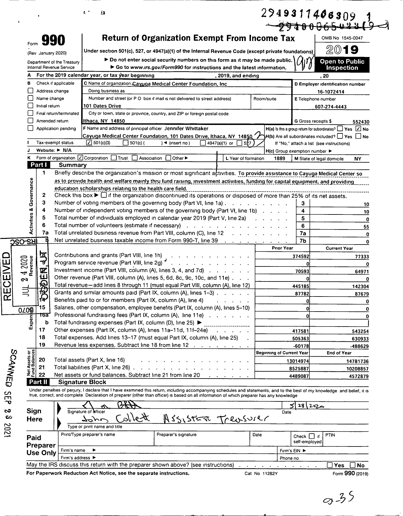 Image of first page of 2019 Form 990 for Cayuga Medical Center Foundation