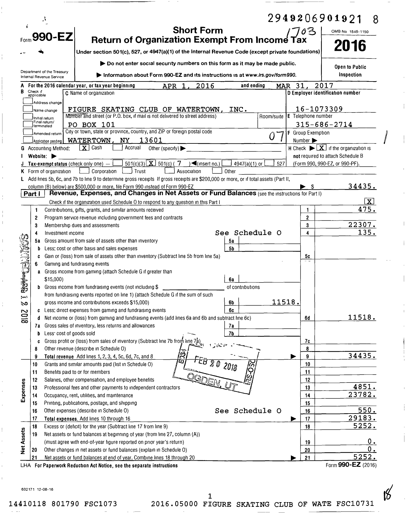 Image of first page of 2016 Form 990EO for Figure Skating Club of Watertown