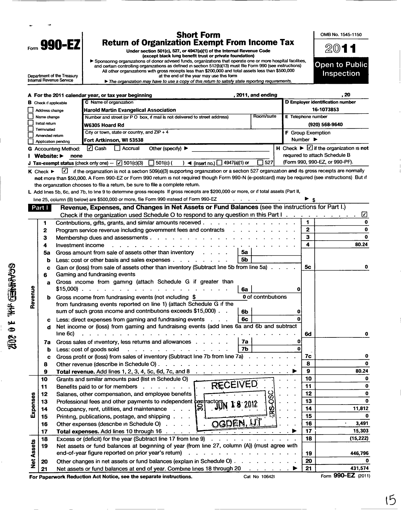 Image of first page of 2011 Form 990EZ for Harold Martin Evangelical Association