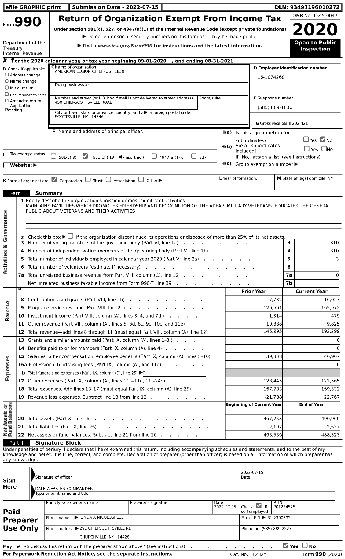 Image of first page of 2020 Form 990 for American Legion - 1830 Chili Post