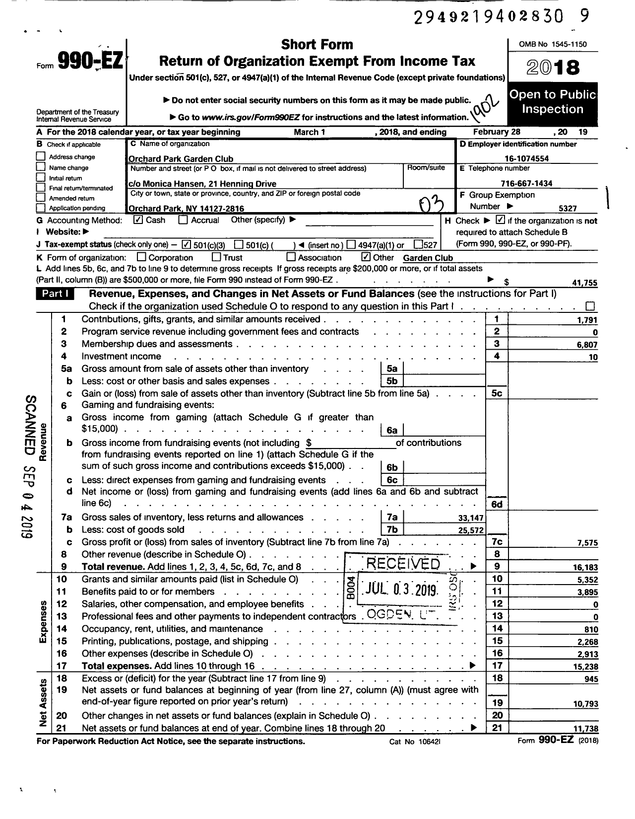 Image of first page of 2018 Form 990EZ for Federated Garden Clubs of New York State - Orchard Park Garden Club