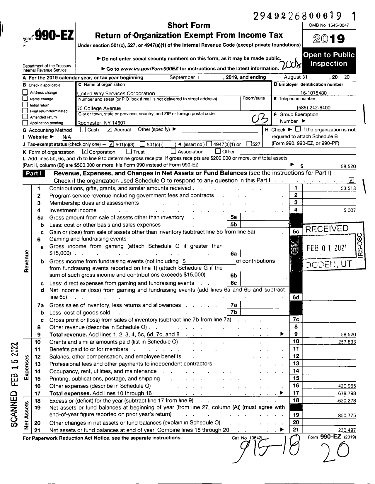 Image of first page of 2019 Form 990EZ for United Way Services Corporation