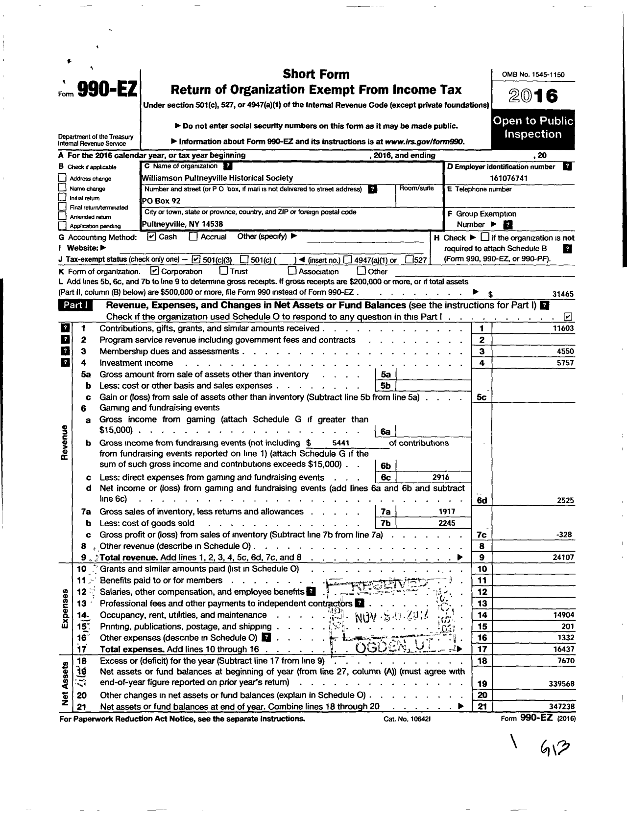 Image of first page of 2016 Form 990EZ for Williamson-Pultneyville Historical Society