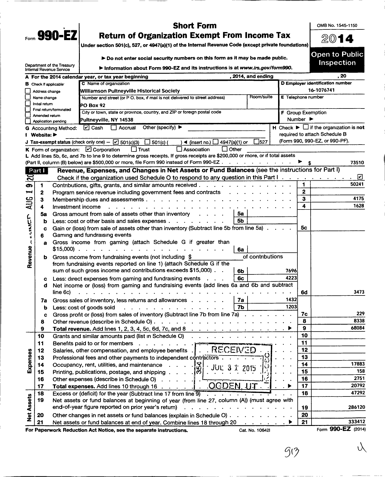 Image of first page of 2014 Form 990EZ for Williamson-Pultneyville Historical Society