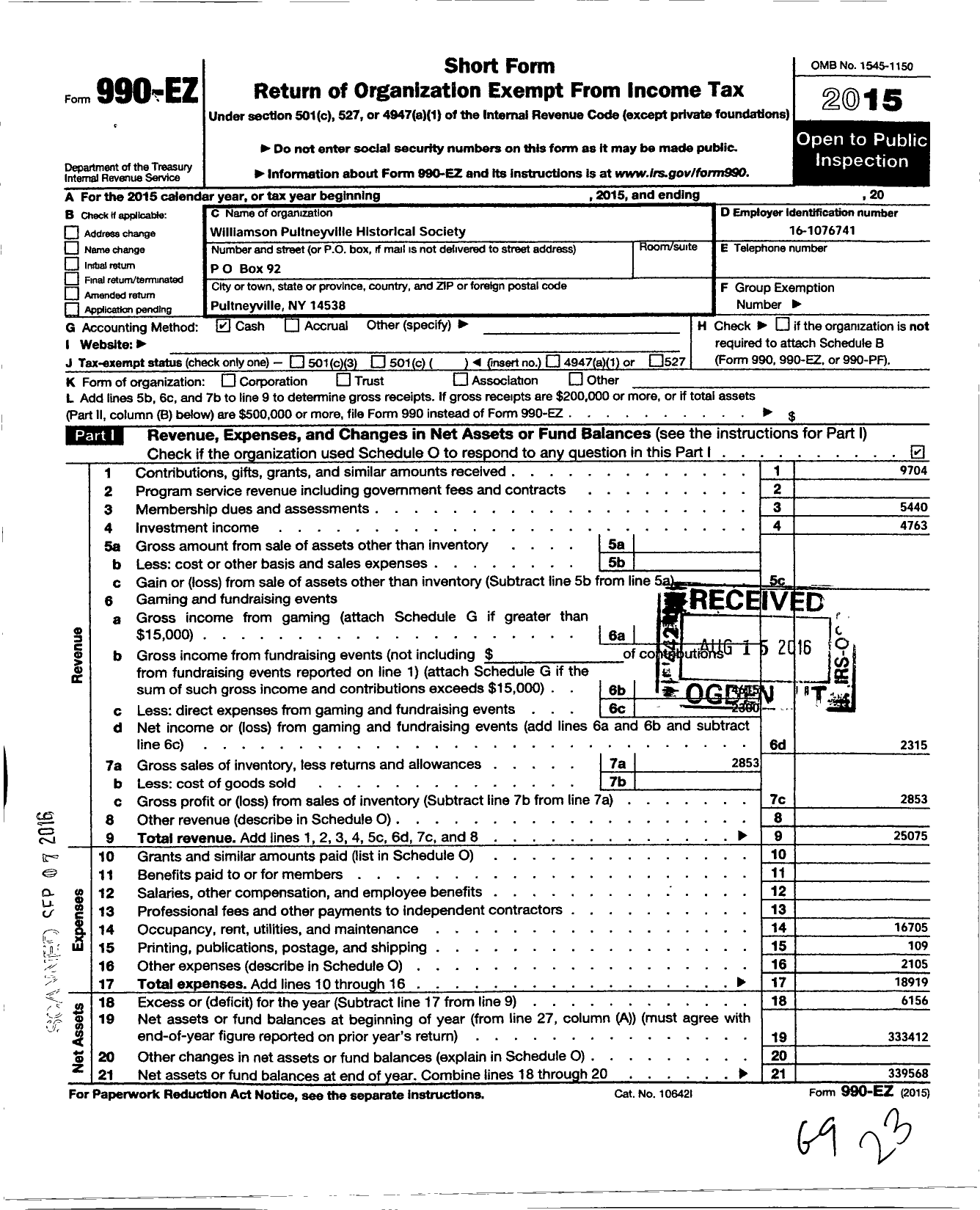 Image of first page of 2015 Form 990EO for Williamson-Pultneyville Historical Society