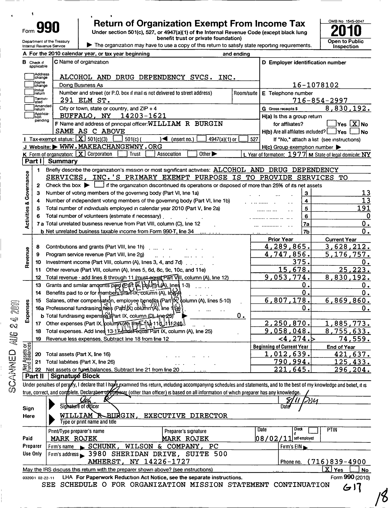 Image of first page of 2010 Form 990 for Alcohol and Drug Dependency Services