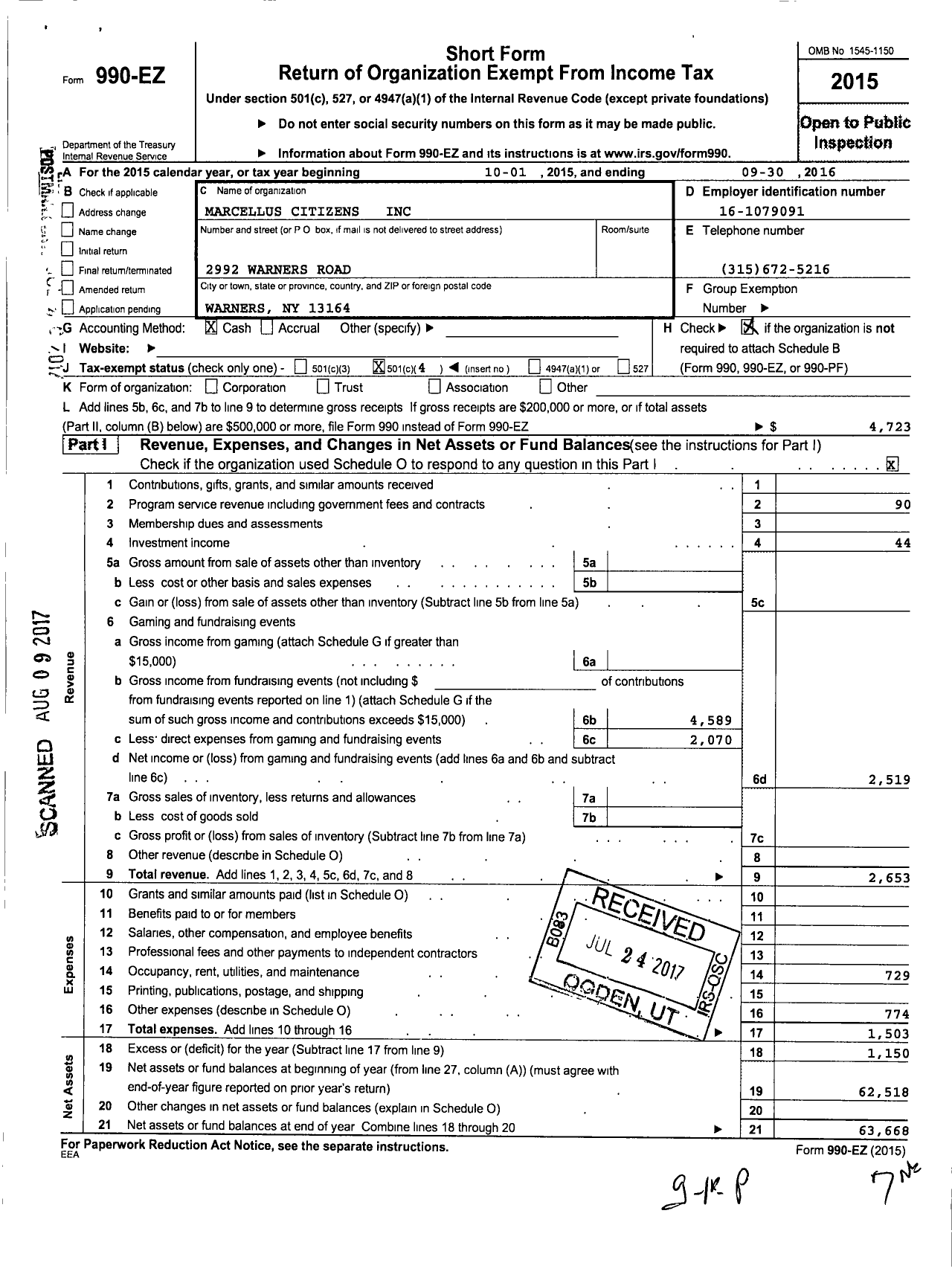 Image of first page of 2015 Form 990EO for Marcellus Citizens