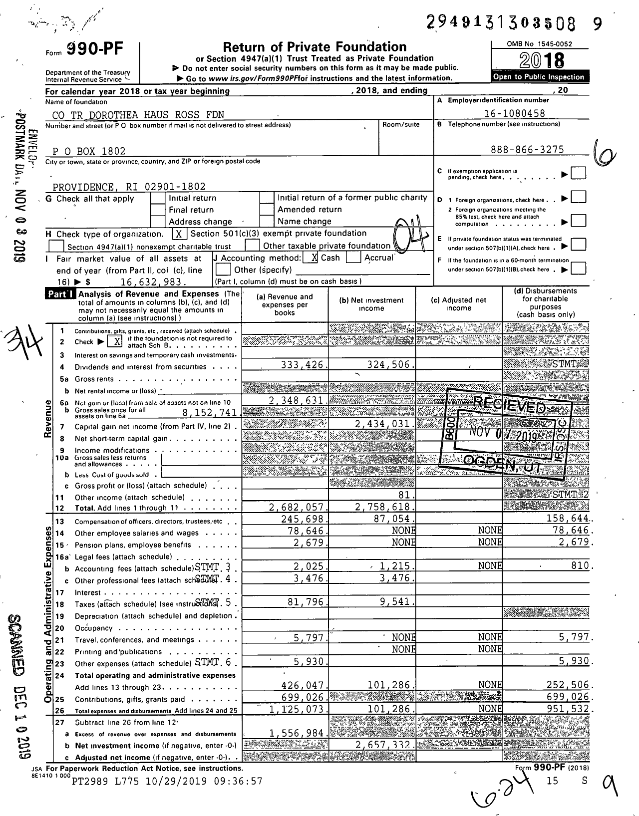 Image of first page of 2018 Form 990PF for Co TR Dorothea Haus Ross Foundation