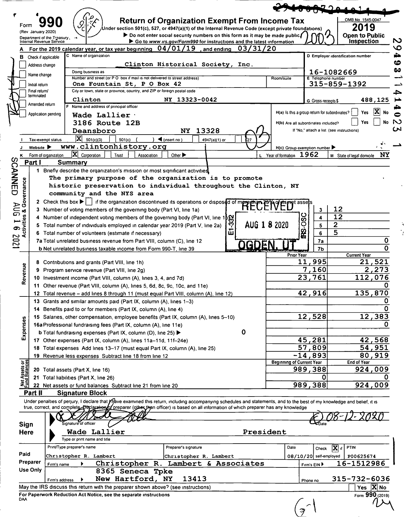 Image of first page of 2019 Form 990 for Clinton Historical Society