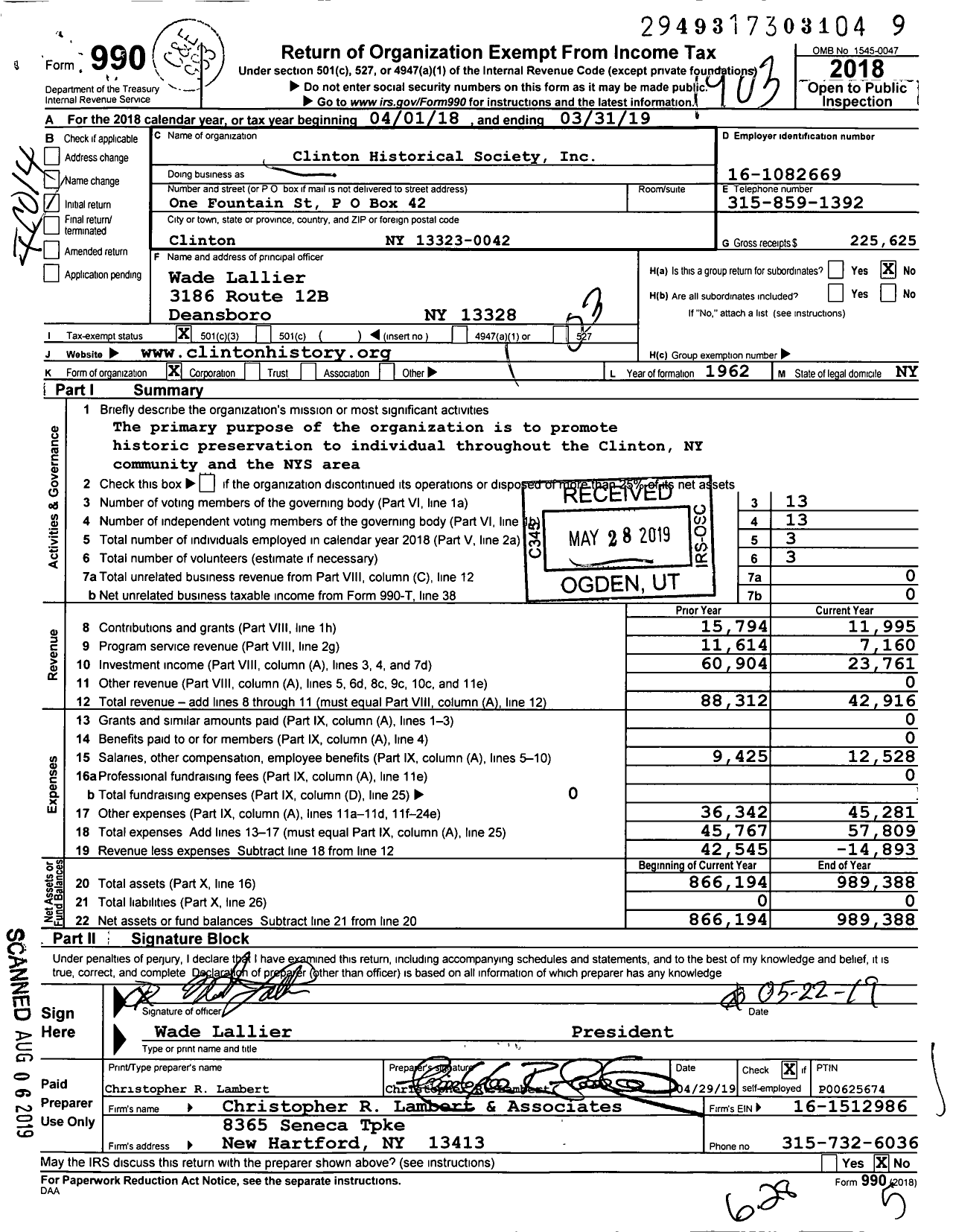 Image of first page of 2018 Form 990 for Clinton Historical Society