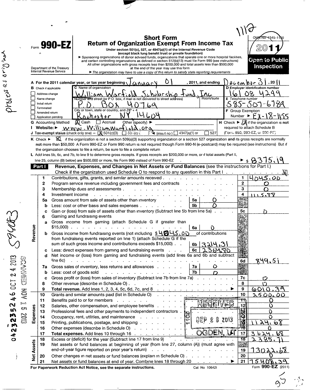 Image of first page of 2011 Form 990EZ for William Warfield Scholarship Fund