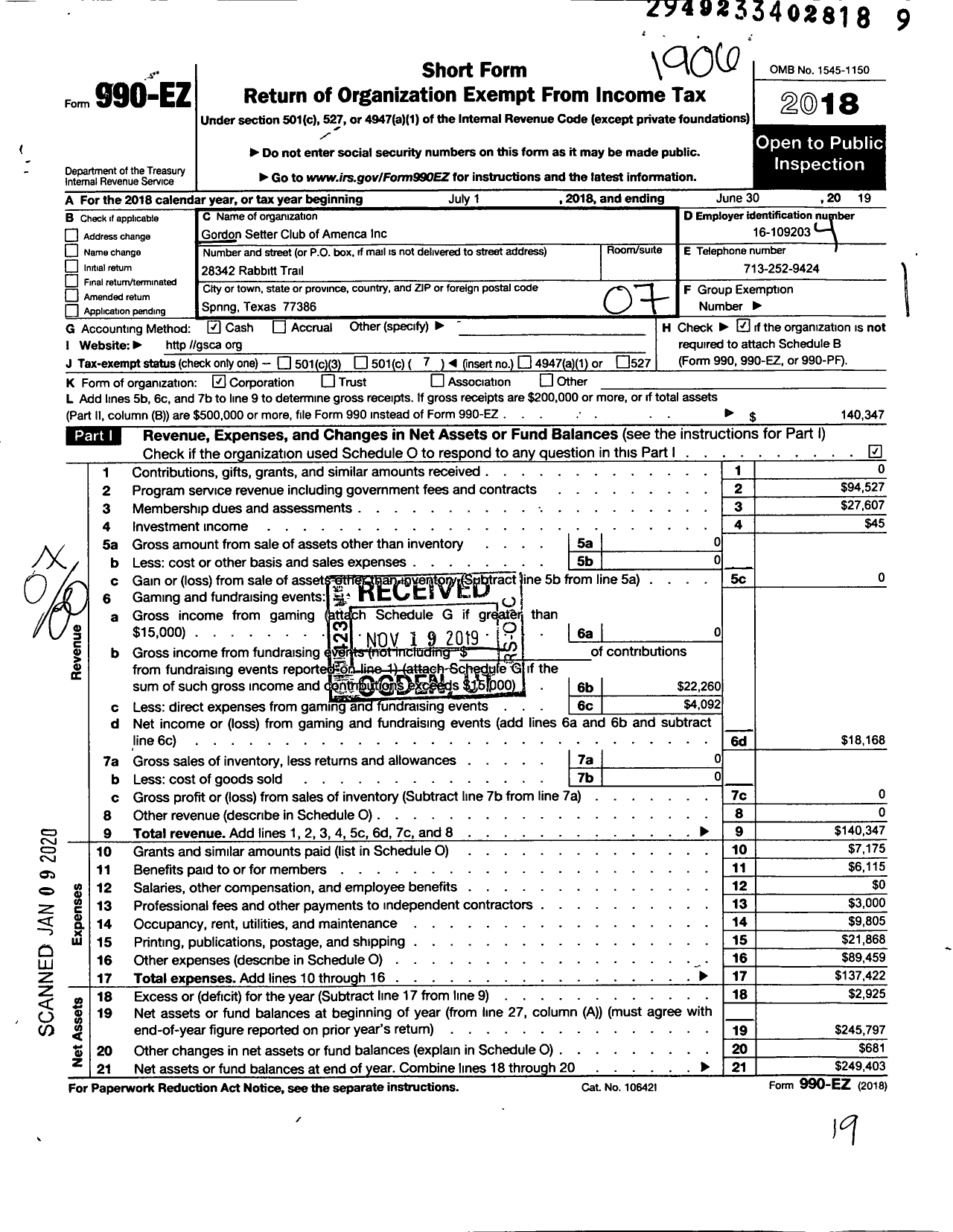 Image of first page of 2018 Form 990EO for Gordon Setter Club of America